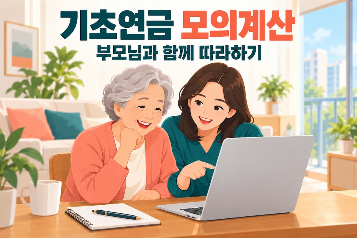 딸과 어머니가 노트북으로 기초연금 모의계산을 함께 해보는 그림