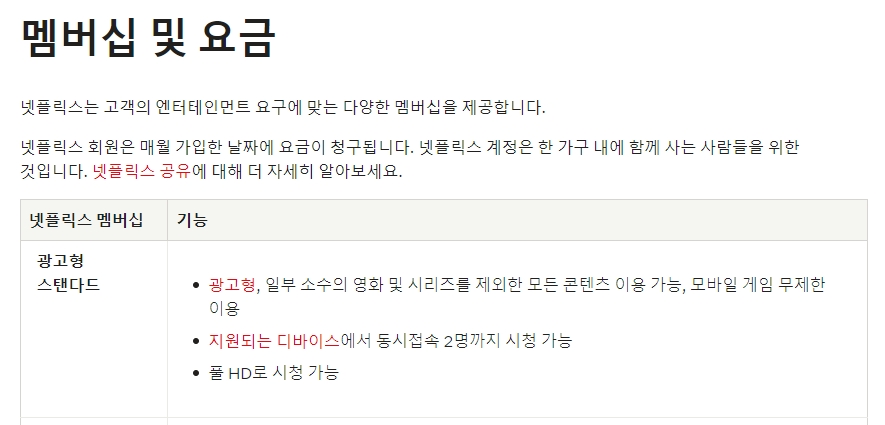 넷플릭스 광고형 스탠다드 및 스탠다드 요금제 비교