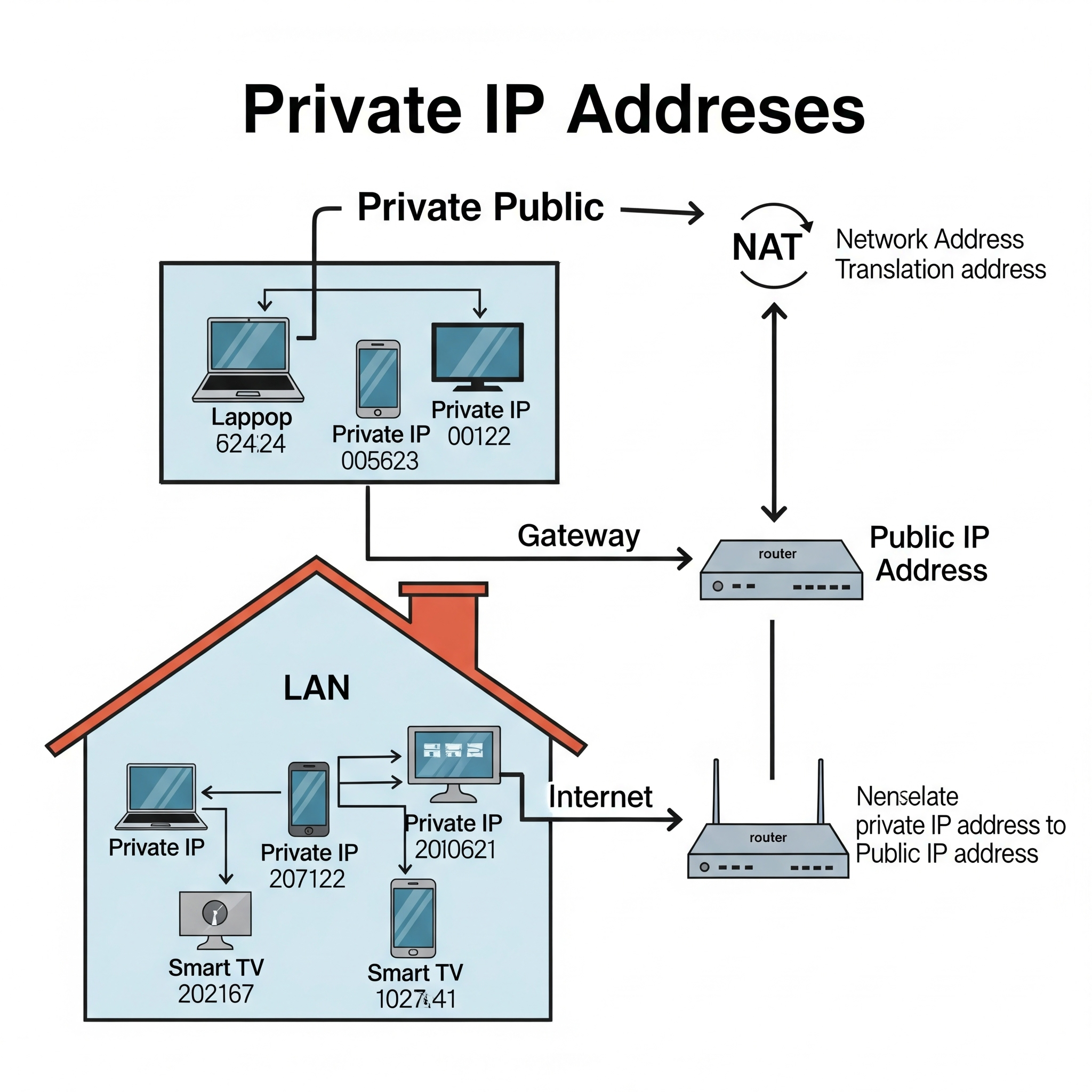 가정 내 공유기를 통해 사설 IP를 사용하는 여러 기기와 외부 공인 IP의 연결 관계를 보여주는 네트워크 다이어그램