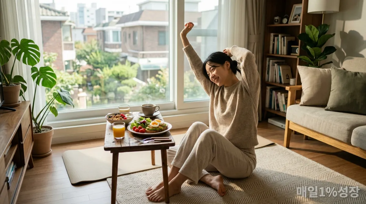 주말 아침에 요가와 브런치를 즐기는 한국인