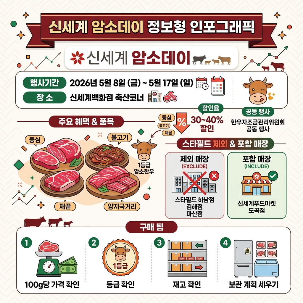 신세계 암소데이 2026 행사 기간&middot;할인 품목&middot;점포&middot;구매 팁 인포그래픽