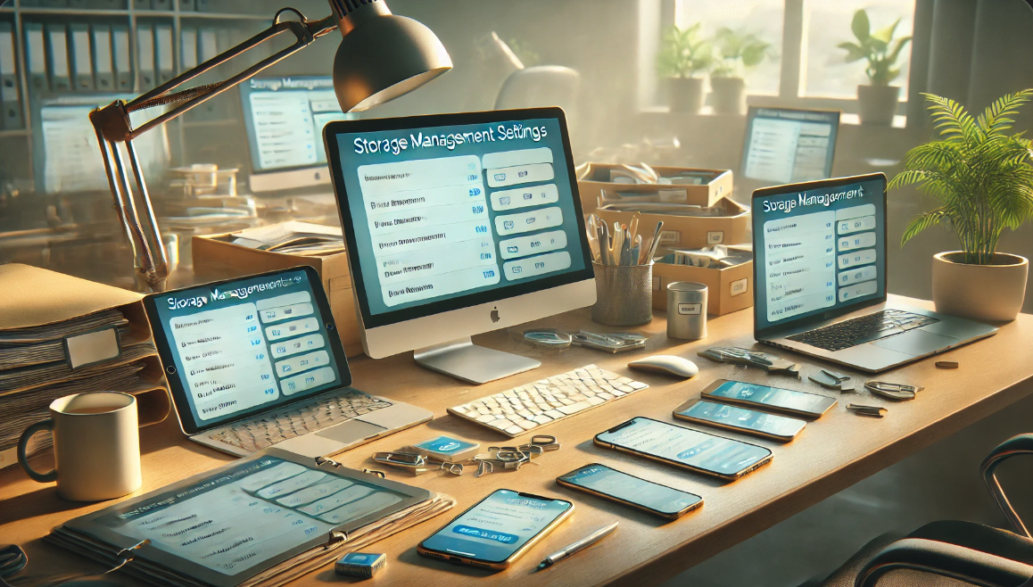 현실적인 사무실 책상에서 아이폰 스토리지 관리 설정을 보여주는 차분한 이미지