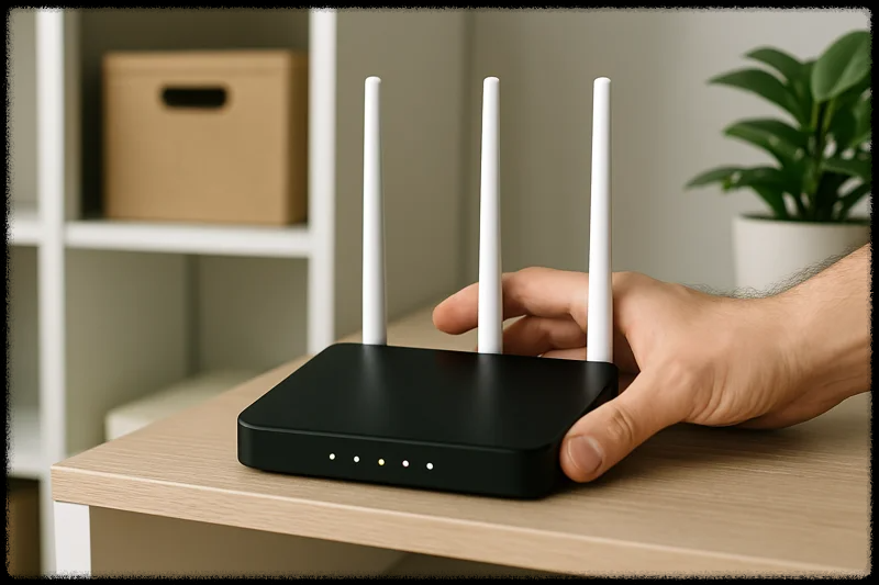 공유기의 안테나 방향을 조절하거나 위치를 변경하는 장면