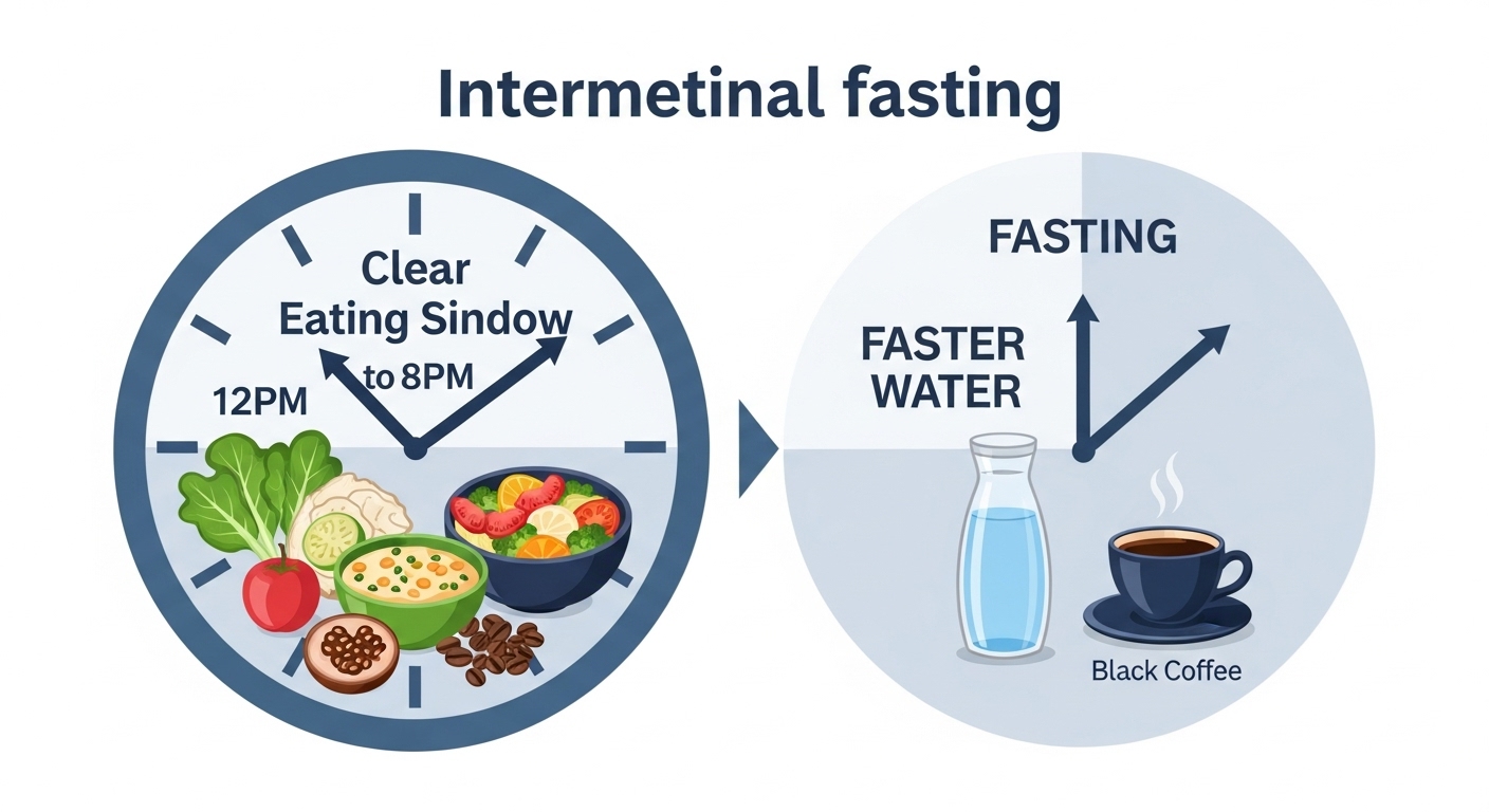 간헐적 단식의 개념을 시각적으로 보여주는 이미지. 시계가 8시간의 식사 시간과 16시간의 단식 시간을 나타내며, 식사 시간에는 건강한 음식이, 단식 시간에는 물과 커피가 그려져 있습니다.