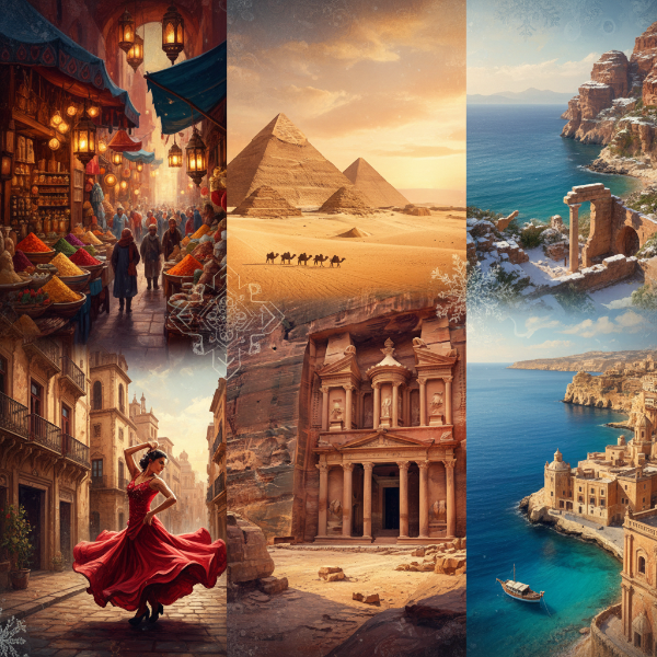 붉은색과 오렌지색이 어우러진 따뜻한 색감으로 표현된 중동과 지중해 겨울 여행지의 문화유산과 풍경을 담은 콜라주 이미지