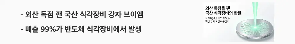 브이엠 주가 전망: ‘외산 독점 깬 국산 식각장비 강자 브이엠’이라는 문구가 포함된 웹배너 이미지. 이 이미지는 브이엠의 건식 식각장비 본업과 단일 고객 중심 사업 구조를 시각적으로 전달하며, 블로그의 브이엠 주가 전망 분석과 관련된 내용을 설명함