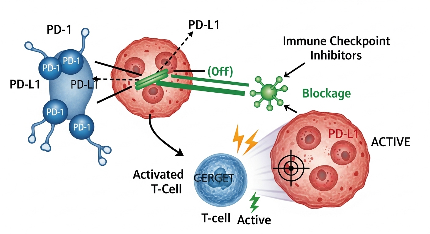 면역관문억제제가 작용하는 방식을 나타내는 생물학적 다이어그램. 암세포가 면역세포를 억제하는 과정을 차단하여 면역세포가 활성화되는 모습을 설명.
