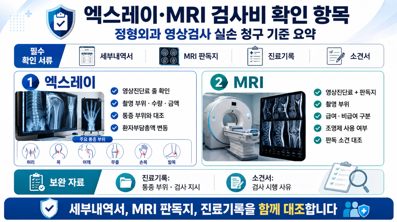 엑스레이와 MRI 검사비 청구 시 세부내역서, MRI 판독지, 진료기록, 소견서 확인 항목을 정리한 인포그래픽