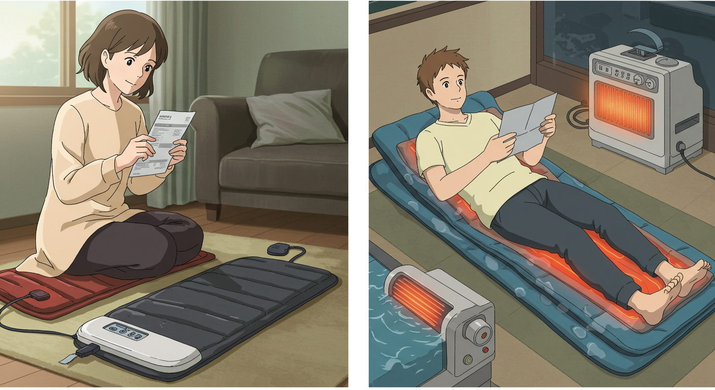 두 사람이 전기장판과 온수매트를 나란히 사용하는 침실 장면