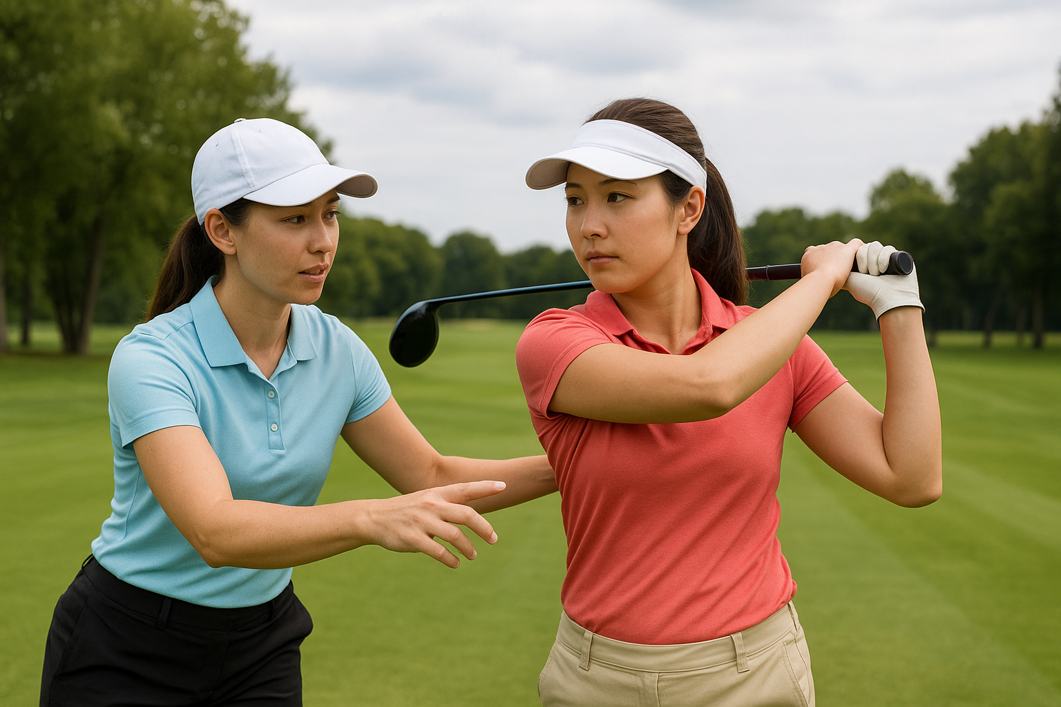 골프 여자 프로 골퍼 드라이버 페이드 샷 아마추어 여자 골퍼에게 티칭하는 모습