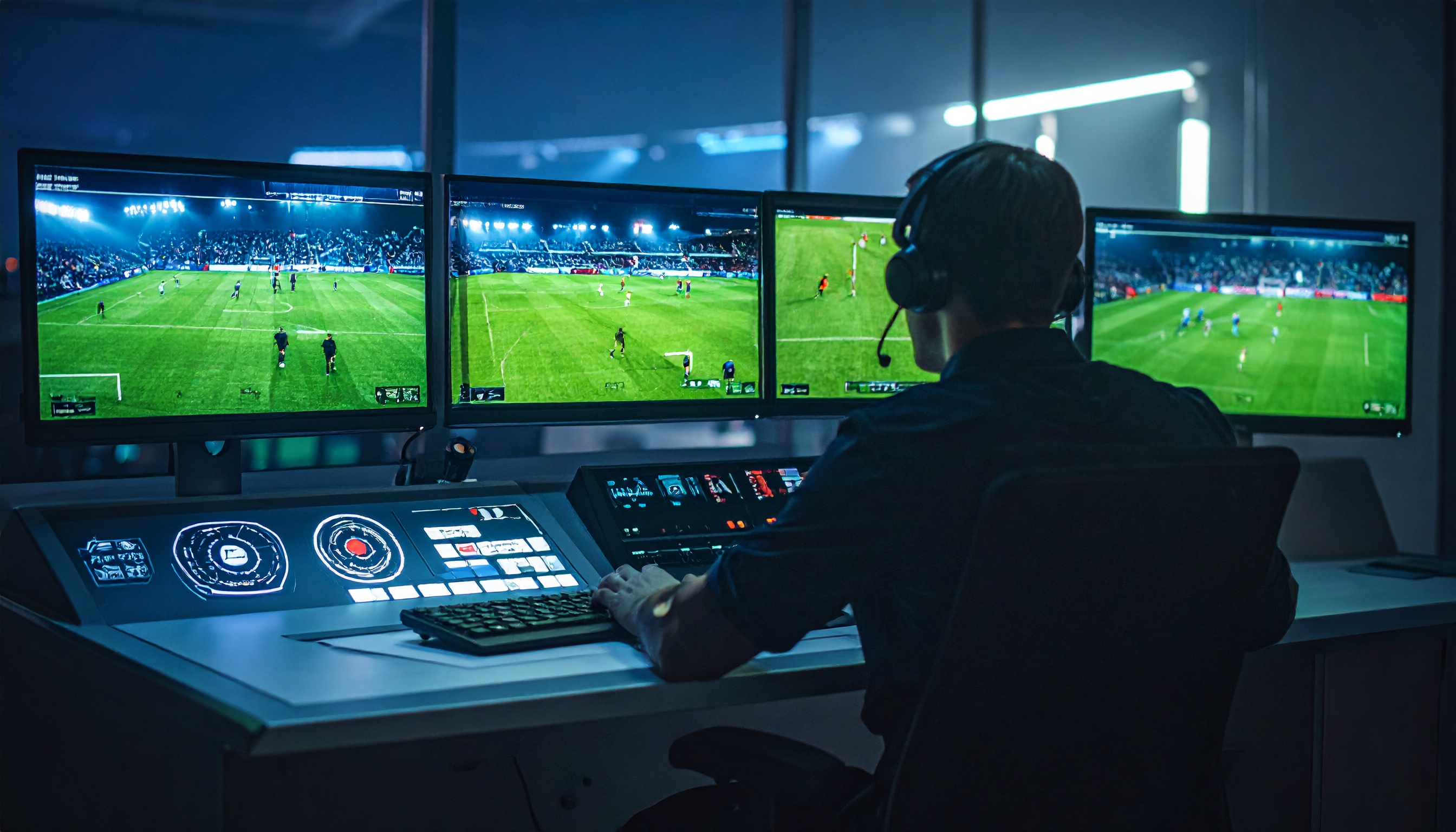 축구 VAR 판독실 내부 모니터 화면과 비디오 판독 시스템 운영 장면