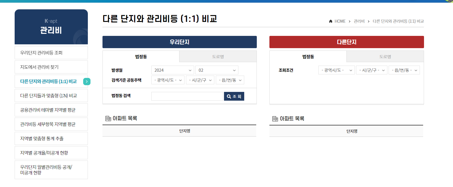 K-apt 공동주택관리정보시스템에서 아파트 관리비를 비교하는 화면