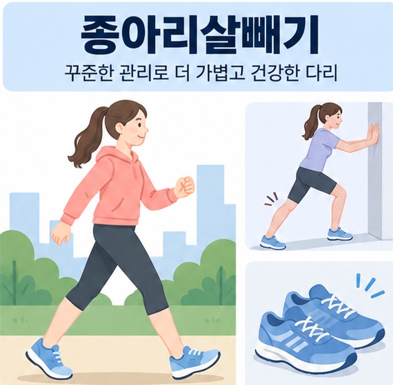 걷기와 종아리 스트레칭 아이콘 위에 종아리살빼기 문구가 표시된 대표 이미지