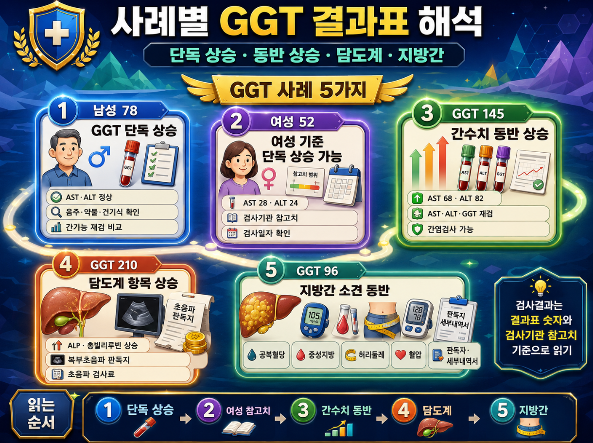 사례별 GGT 결과표 해석 인포그래픽으로 남성 단독 상승, 여성 참고치 초과, 간수치 동반 상승, 담도계 항목 상승, 지방간 소견 동반 사례 5가지를 비교한 이미지