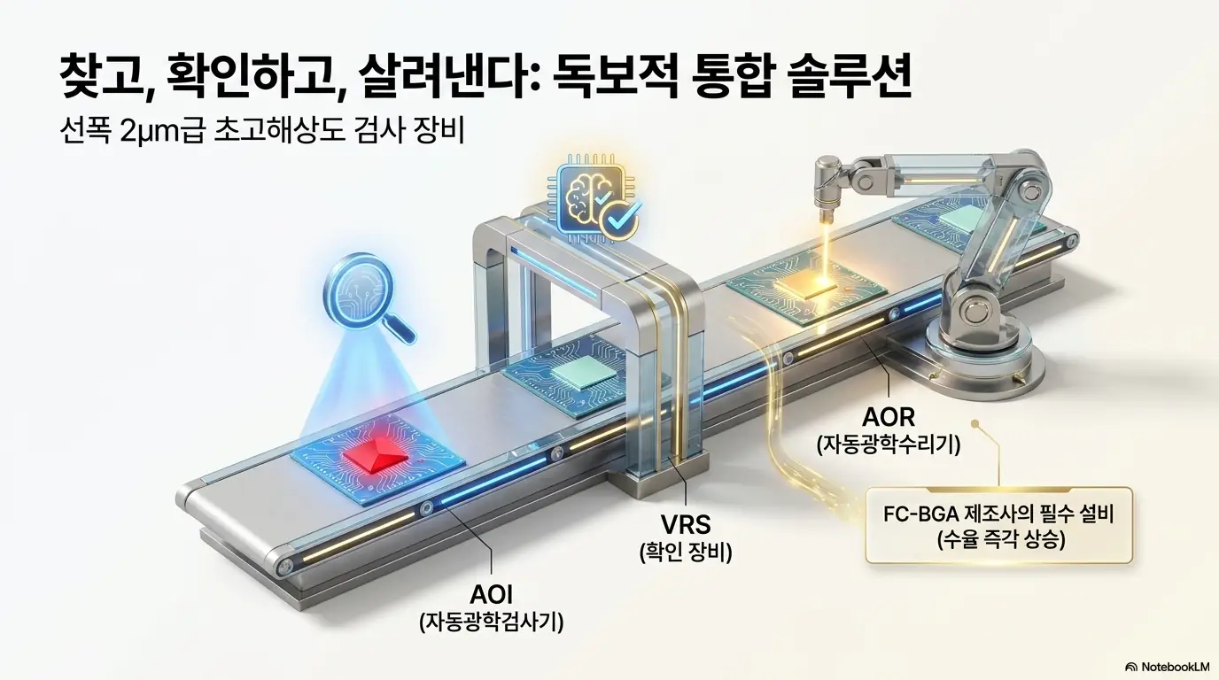 기가비스 주가 전망: 기가비스의 검사·수리 통합 솔루션 공정을 보여주는 이미지. 컨베이어를 따라 AOI 자동광학검사기, VRS 확인 장비, AOR 자동광학수리기가 순서대로 배치되어 있습니다. 선폭 2마이크로미터급 초고해상도 검사와 FC-BGA 제조사의 필수 설비라는 점을 설명합니다.