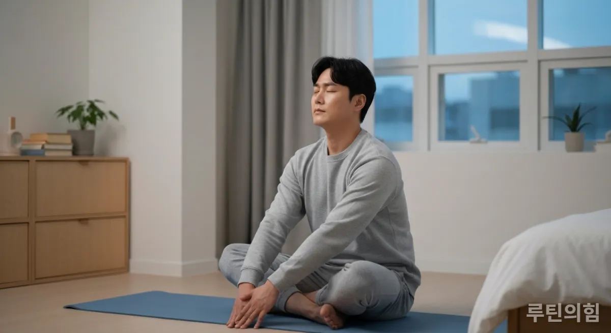 집에서 요가 매트에 앉아 명상하며 스트레칭하는 남성의 모습