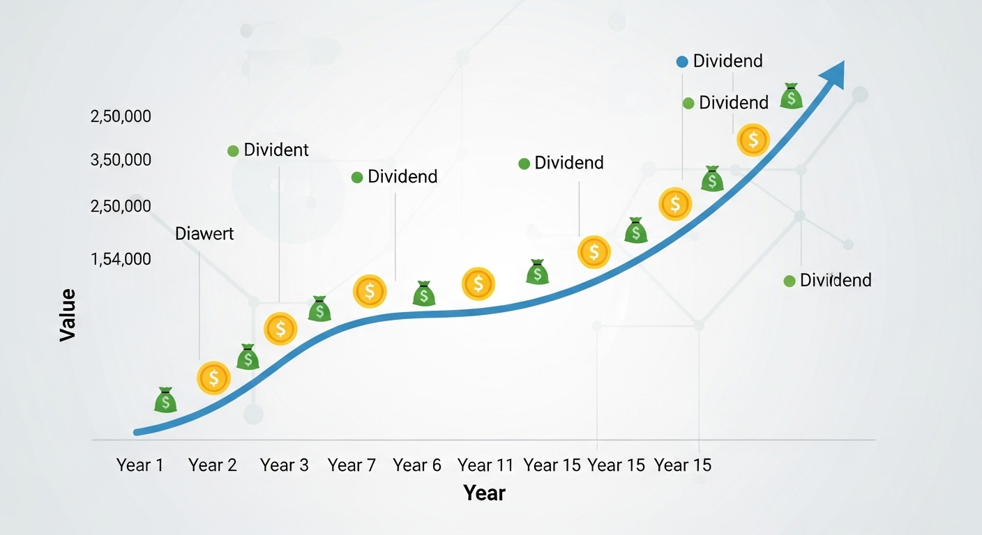 지난 10년간 꾸준히 우상향하는 배당금 그래프와 작은 돈 주머니 아이콘들, 장기적인 배당 성장을 보여줍니다.