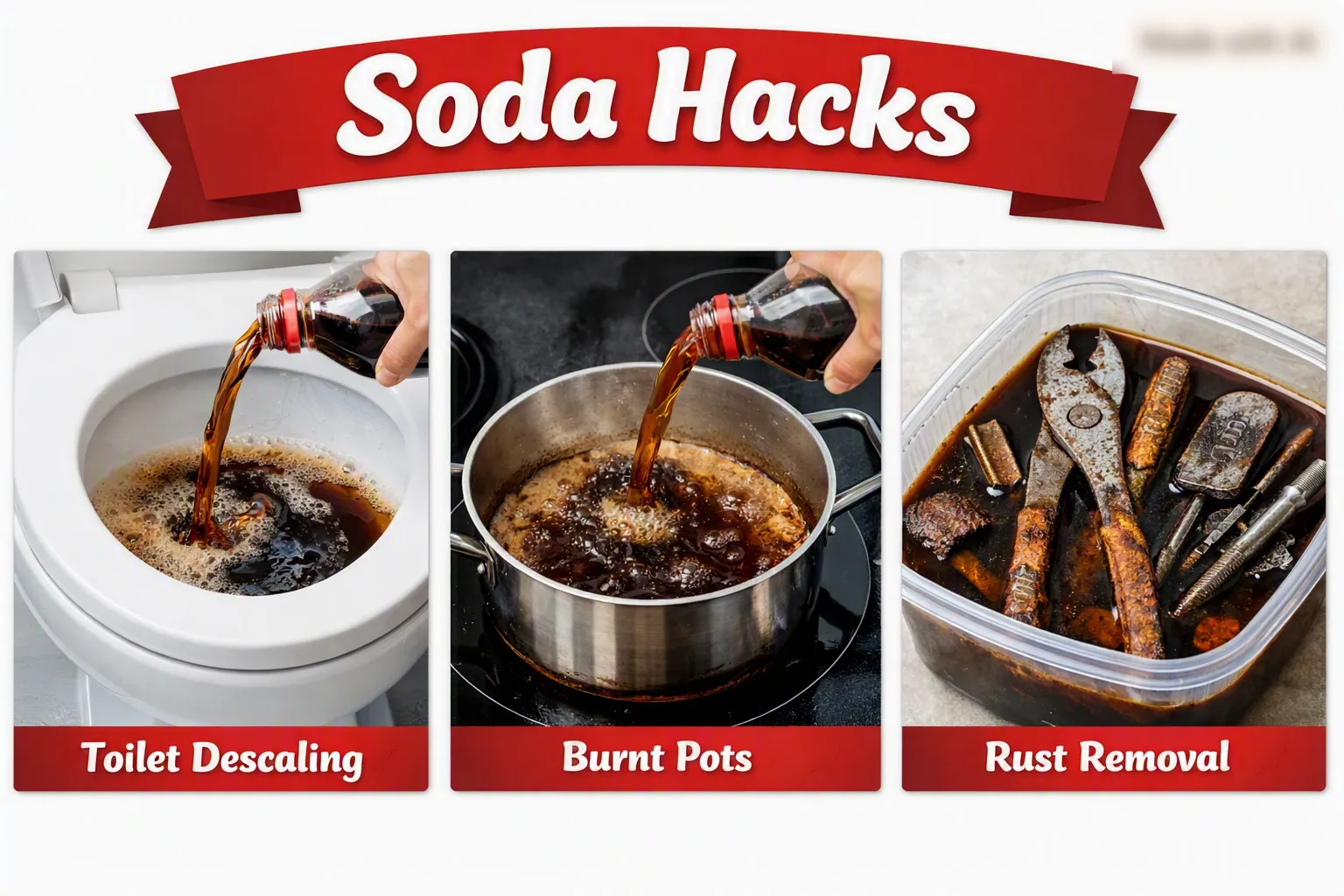Pouring cola into toilet, simmering burnt pot with cola, and rusty tools soaking in cola showing creative soda cleaning hacks.