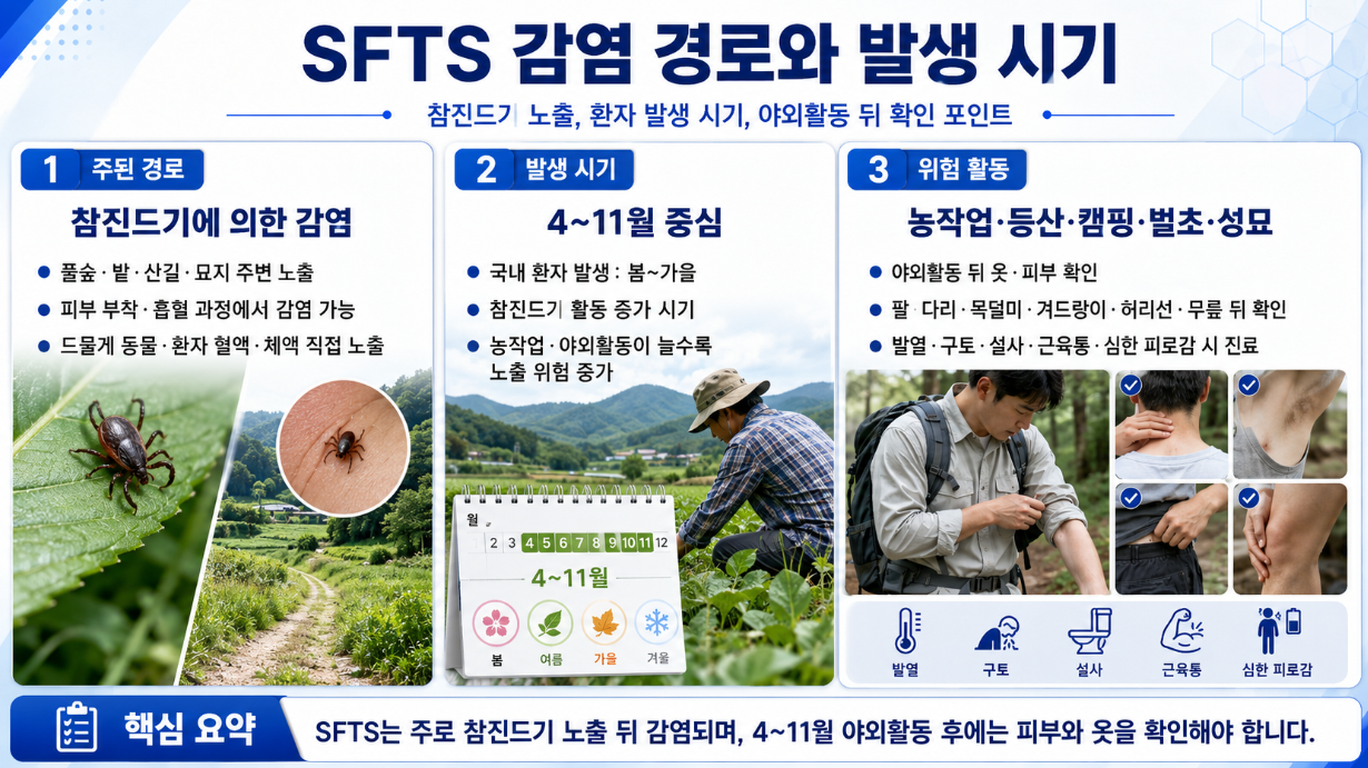 3. SFTS 감염 경로와 4월부터 11월까지의 주요 발생 시기, 야외활동 후 확인 지점을 정리한 이미지