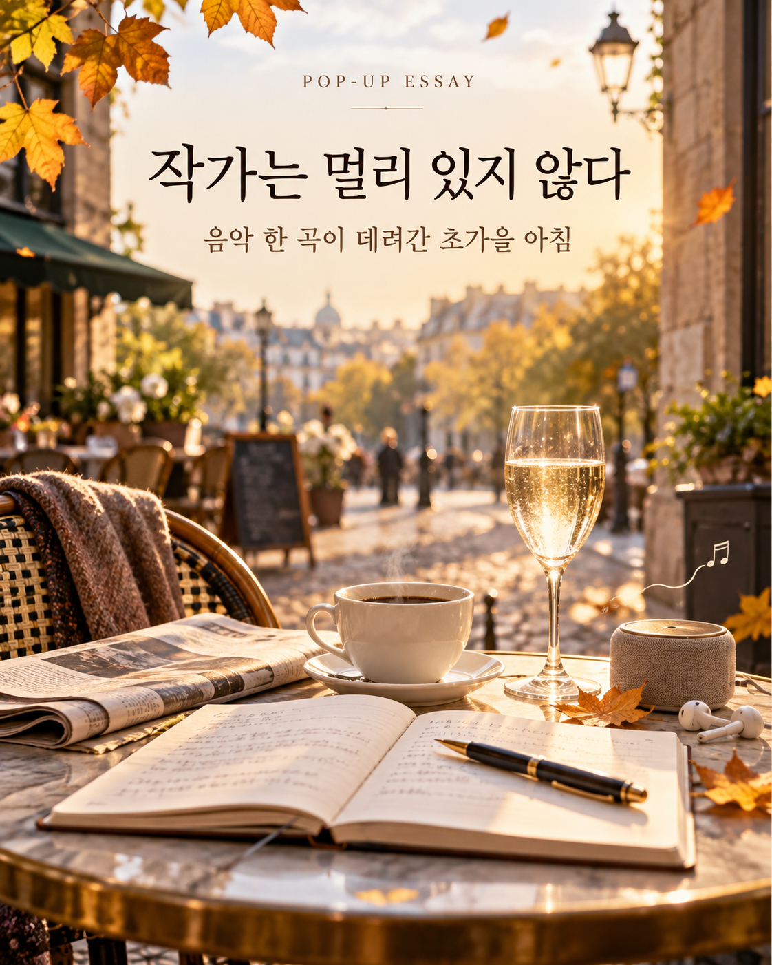 An early autumn morning at a European-style outdoor caf&eacute;, with a cup of coffee, a glass of white wine, a folded newspaper, an open notebook and pen on the table, evoking music, reflection, and the quiet moment when anyone can become a writer.