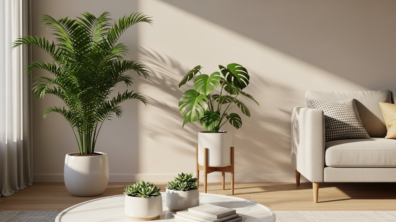 NASA가 선정한 실내 공기정화 식물인 아레카야자, 스파티필름 등이 햇살 가득한 현대적인 거실에 배치된 쾌적하고 건강한 실내 환경 이미지