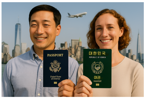 미국 여권과 한국 여권을 각각 들고 환하게 웃고 있는 두 사람. 배경에는 뉴욕과 서울을 상징하는 도시 풍경과 하늘을 나는 비행기가 보이며, 새로운 삶을 향한 이민의 시작을 상징한다.