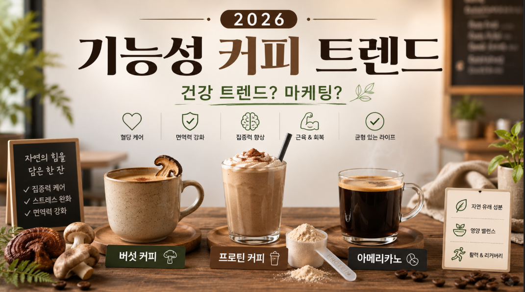 기능성 커피 트렌드와 버섯커피, 단백질커피가 건강 음료인지 마케팅인지 비교하는 이미지