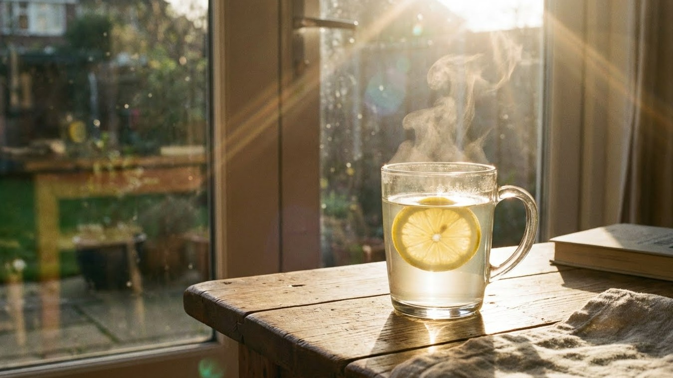 햇살이 들어오는 창가 테이블 위에 놓인 투명한 유리잔, 신선한 레몬 슬라이스가 띄워진 따뜻한 레몬수 사진