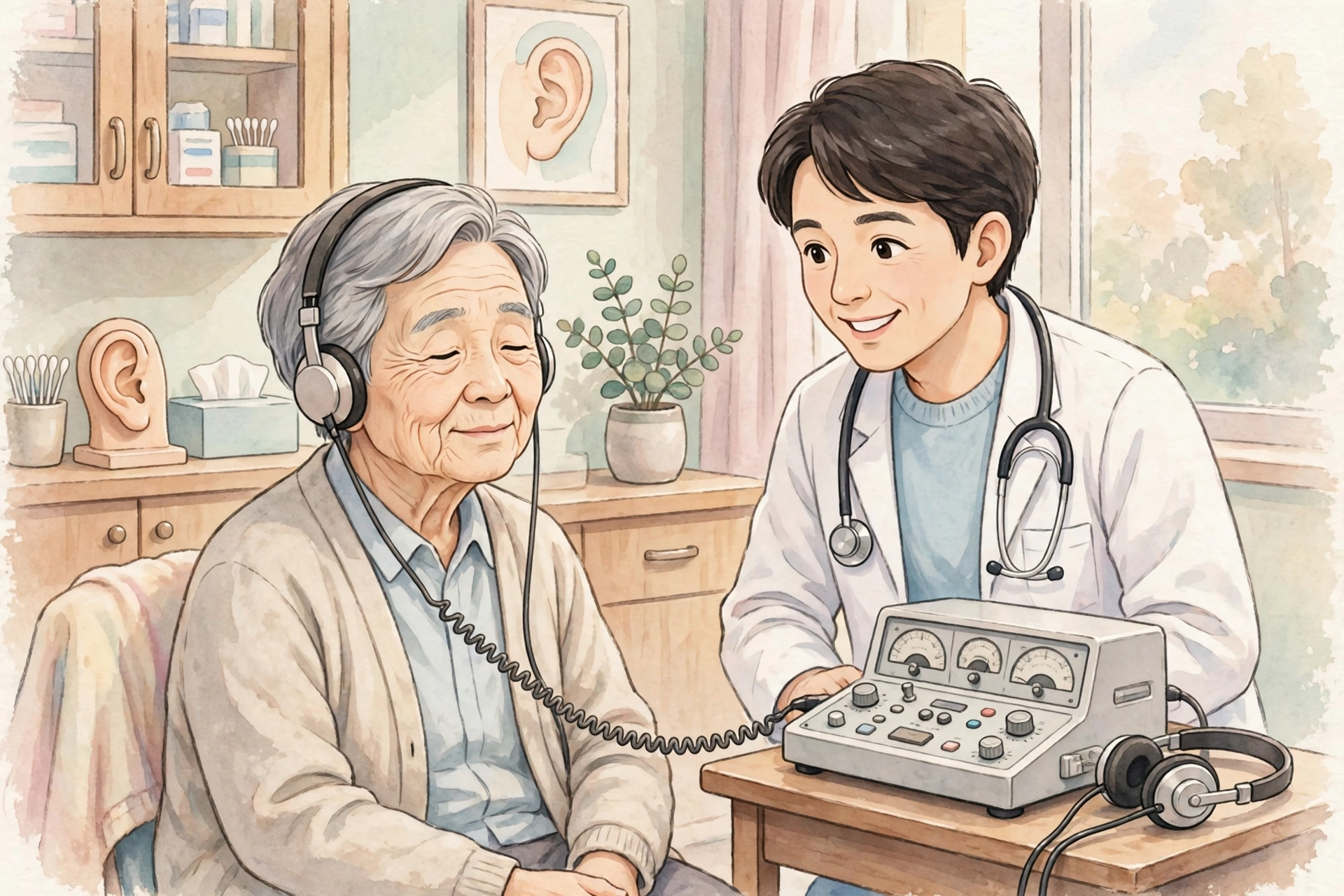 이비인후과 청력검사를 받는 노인 일러스트