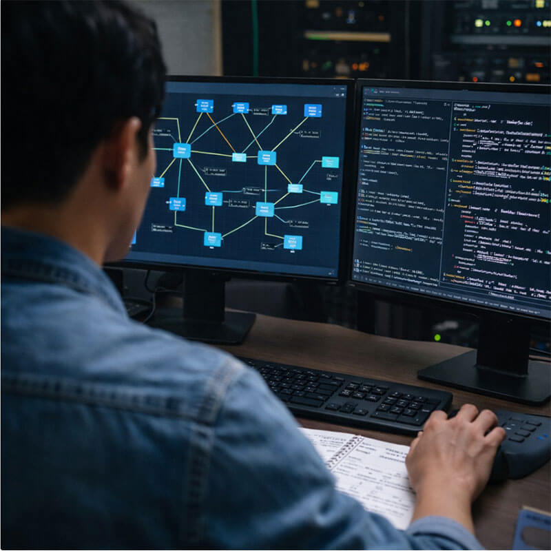 IT 실무자가 모니터 앞에서 코드와 네트워크 화면을 분석하는 장면