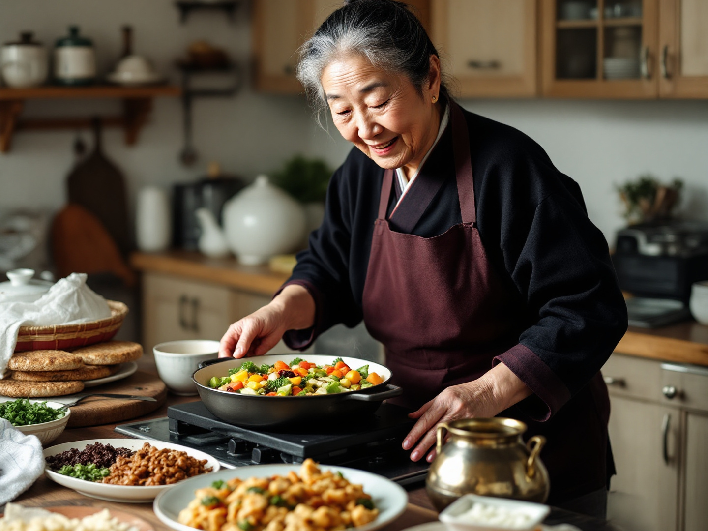 한식을 요리 중인 할머니