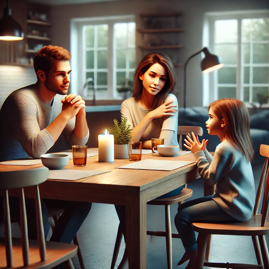 식탁에 둘러앉아 진심 어린 대화를 나누는 가족의 모습. 부모는 아이의 말을 주의 깊게 듣고 있으며 따뜻하고 소통적인 분위기를 연출