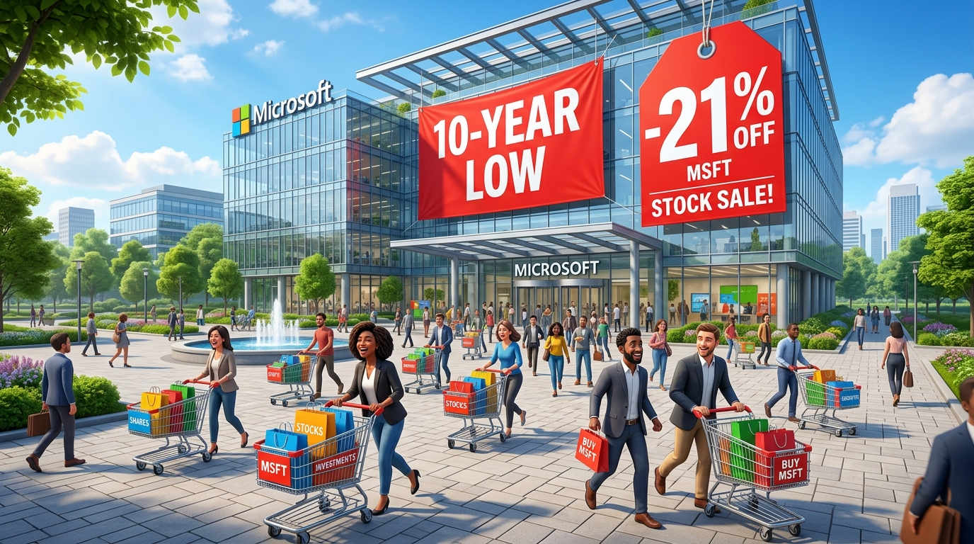 웅장한 마이크로소프트 본사 건물 앞에 '10-YEAR LOW PRICE'라는 대형 세일 태그가 붙어 있고, 똑똑한 투자자들이 카트를 밀며 입장하는 3D 일러스트