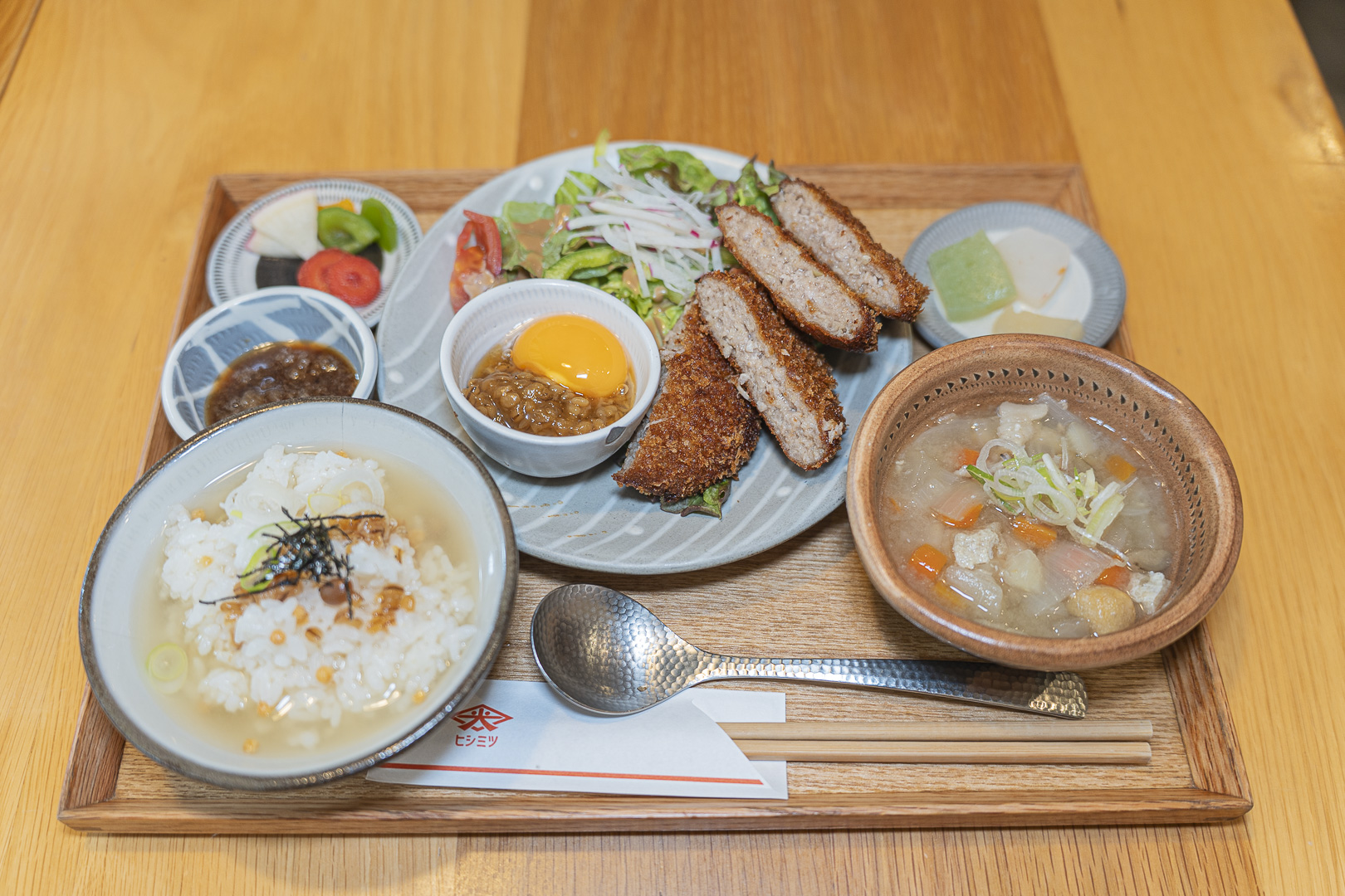 A tempura, rice and soup set at Hishimitsu Shoyu Onoedori