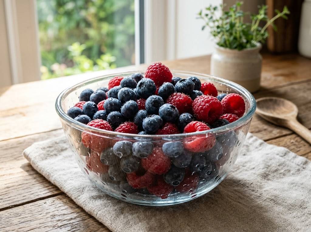 유리 그릇에 소복이 담긴 블루베리와 라즈베리 위로 시원한 물방울이 맺혀 있는 싱그러운 느낌의 정물 사진