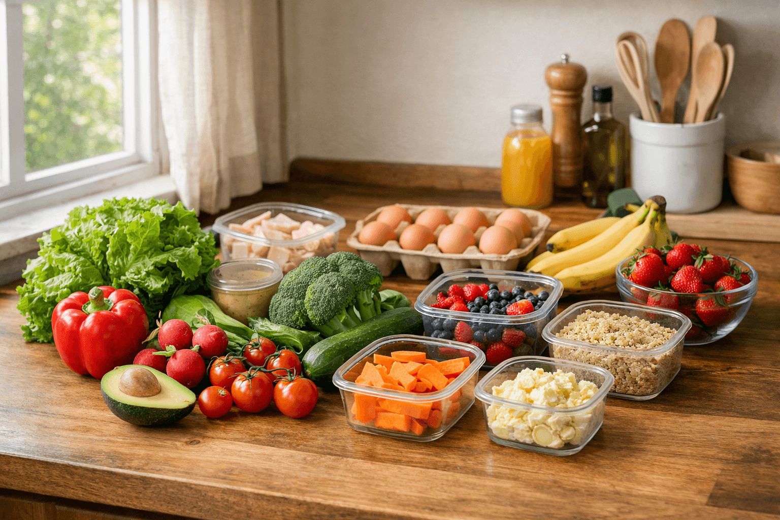 냉장고 정리를 위해 식재료를 꺼내 부엌 조리대에 정리한 모습