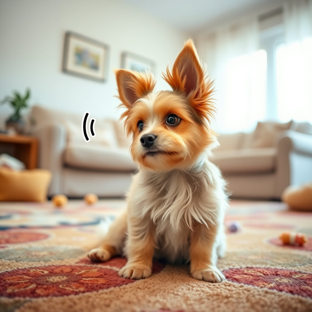 집 안에서 강아지가 귀를 쫑긋 세우고 방귀소리에 반응하고 있음.