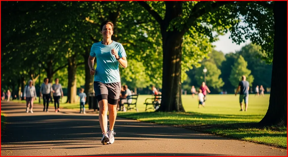 식후 혈당 스파이크를 막기 위해 공원에서 가볍게 걷기 운동을 하는 사람