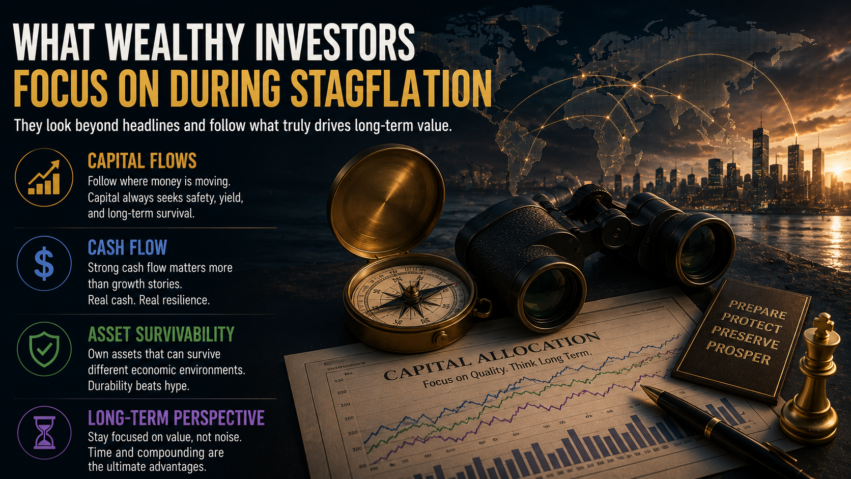 Wealthy investors focusing on capital flows, cash flow, asset survivability, and long-term investing during stagflation.