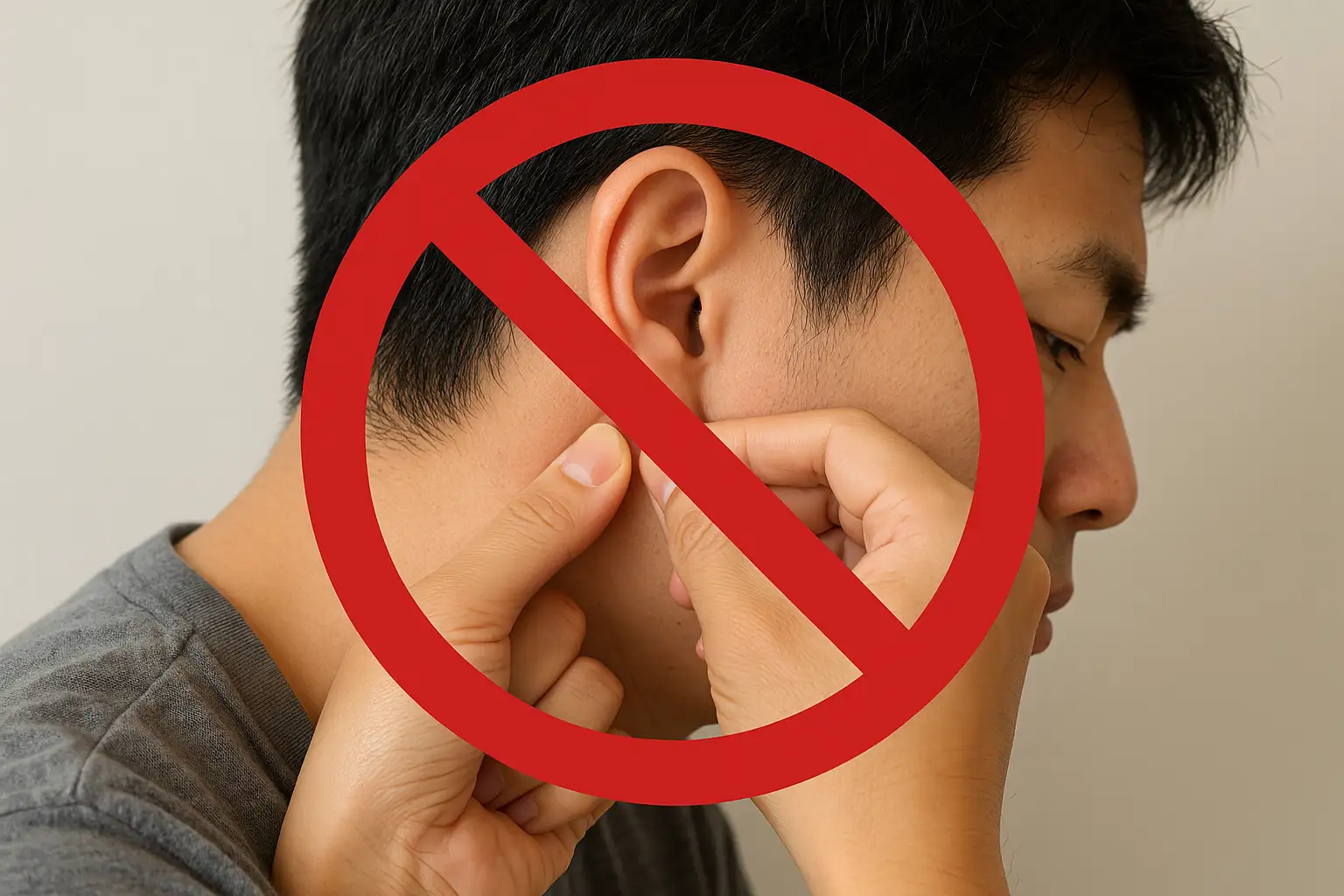 귀 뒤 멍울을 손으로 짜려는 사람 위에 금지 표시