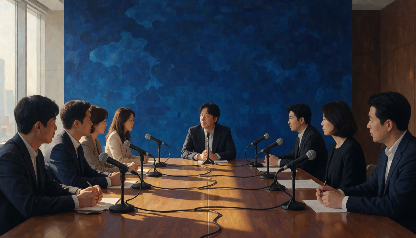 긴 탁자에서 마이크를 사이에 두고 대화하는 성인 여덟 명