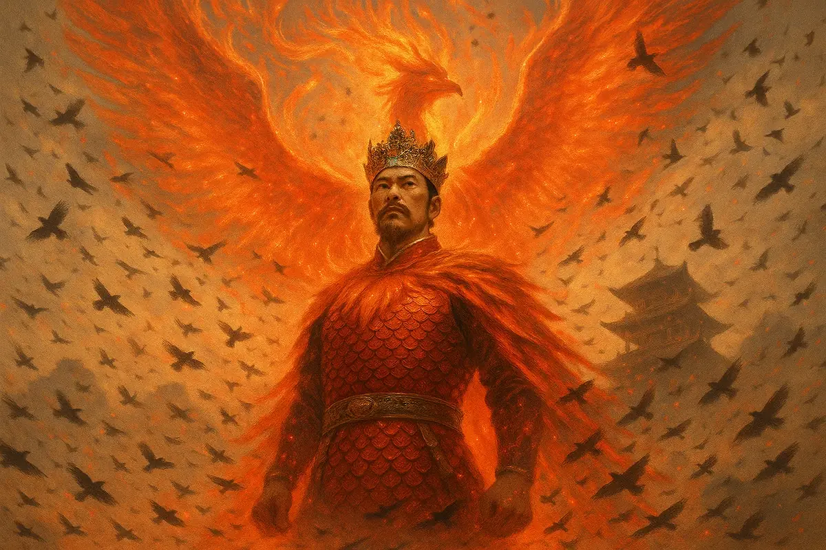 고대 중국 황제 소호가 봉황과 함께 새들의 왕국을 통치하는 장엄한 모습을 담은 전통 회화풍 일러스트