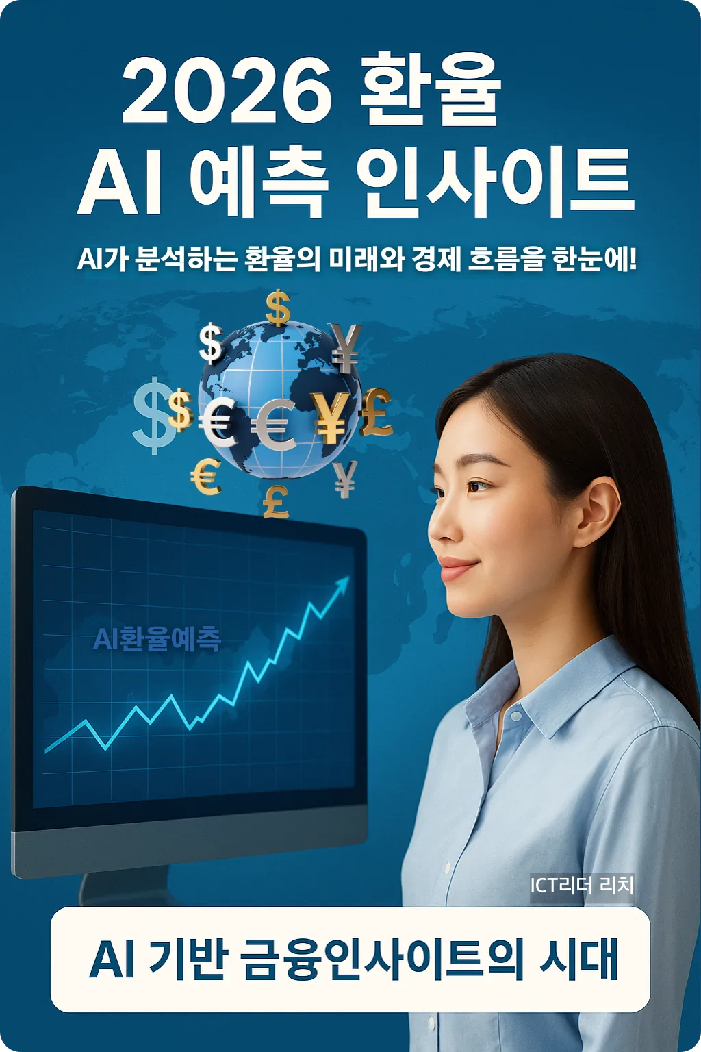 AI가 예측하는 2026년 환율 시나리오를 시각화한 여성 중심 고화질 인포그래픽.