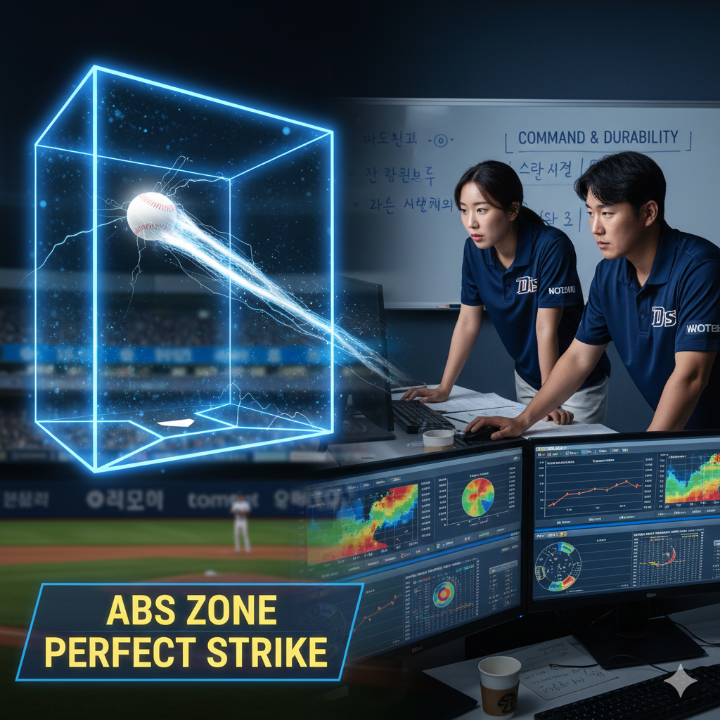 ABS) 존에 꽉 차게 들어가는 공의 궤적 그래픽과 이를 분석하는 NC 스카우트 팀