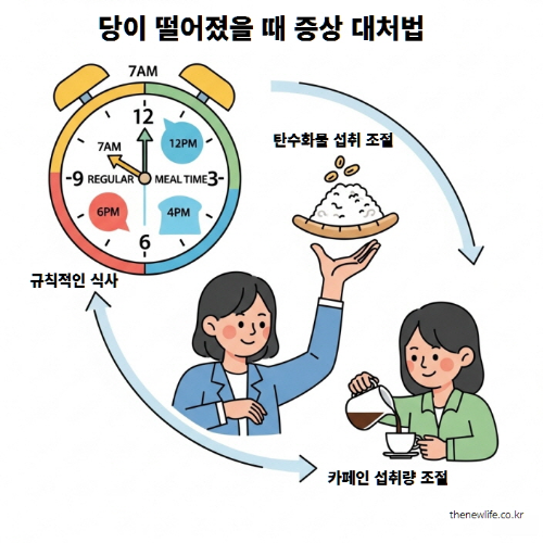 규칙적인 식사, 적절한 탄수화물 섭취, 카페인 조절을 통해 건강한 생활 습관을 유지하는 모습