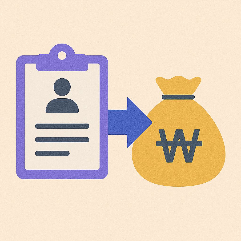 이 이미지는 근로장려금 신청 과정을 상징적으로 표현한 미니멀 스타일의 인포그래픽입니다.
왼쪽에는 **개인 정보를 담은 신청서(보라색 클립보드)**가 있고,
중앙에는 진행 흐름을 나타내는 파란색 화살표,
오른쪽에는 수령하게 될 금전적 혜택을 의미하는 ₩ 표시의 황금색 돈자루가 배치되어 있습니다.
깔끔한 구성과 대비되는 색조를 사용해 신청 → 심사 → 지급의 흐름을 시각적으로 명확하게 보여줍니다