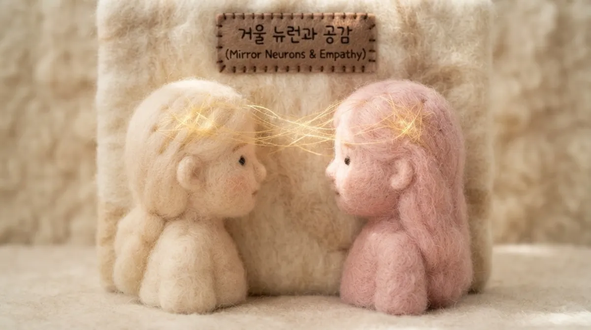 타인의 행동에 거울처럼 반응하는 뇌의 거울 신경세포와 공감 연결망을 시각화한 모식도