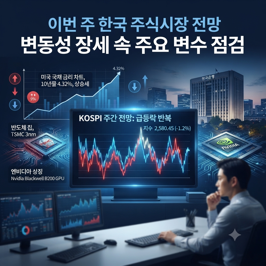 코스피 지수와 엔비디아 실적, 미국 금리, 한국은행 금통위를 상징하는 주간 증시 전망 이미지