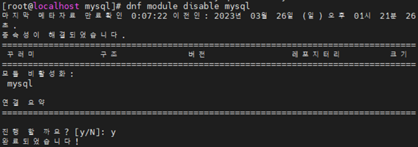 Default MySQL 패키지 Disable 화면