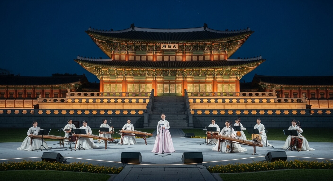 전통 한복을 입은 연주단이 무대에서 공연하는 모습
